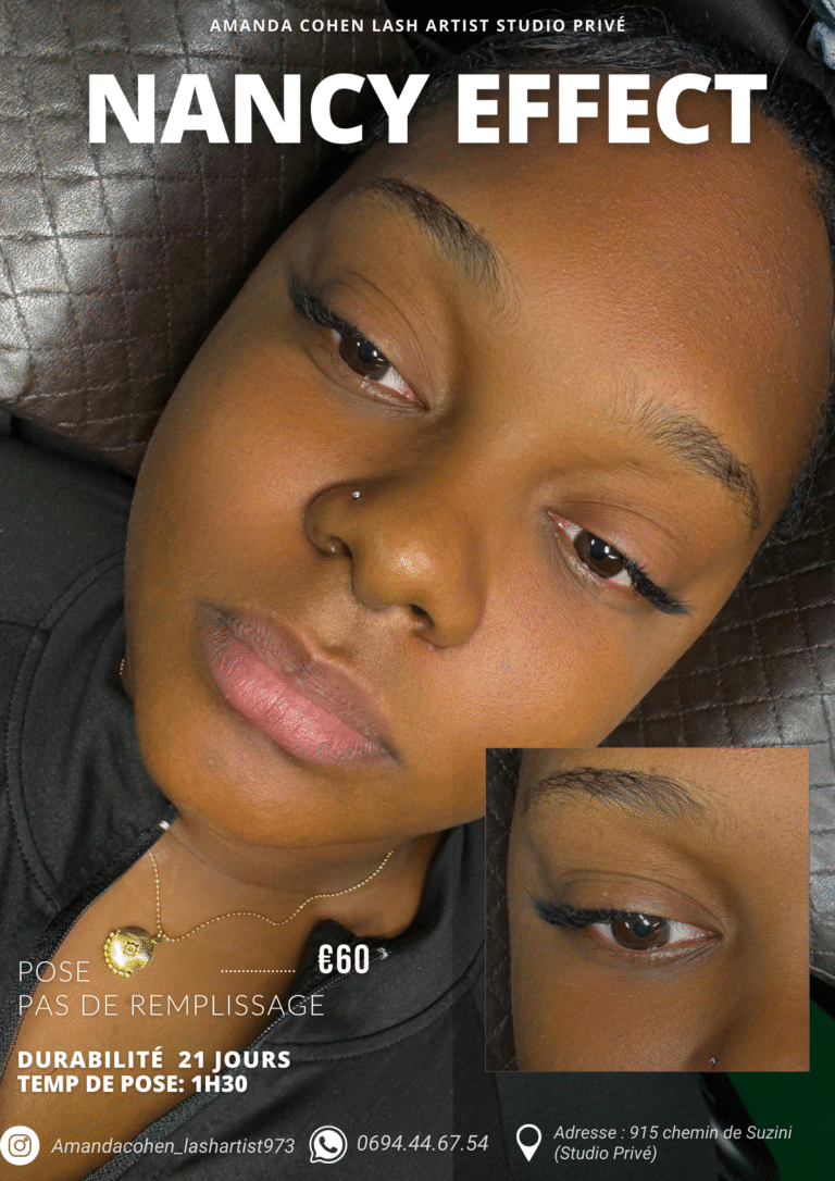 Pose Nancy – extension de cils inspirée du Sirena Effect – Studio Amanda Cohen – Cayenne Guyane