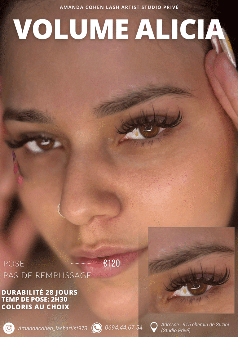 Volume Alicia – pose signature avec cils technologiques et fans manuels – Studio Amanda Cohen – Cayenne Guyane